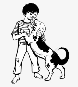 黑白人物插图小狗扑在小孩身上素材