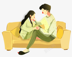 手绘插画情侣插图坐在沙发的男孩素材