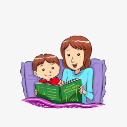 看书的母子卡通跟妈妈躺靠着枕头看书的小孩高清图片
