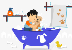 蓝色澡盆小孩和小狗一起沐浴高清图片