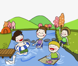 河水里游泳玩耍的小孩素材