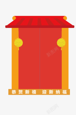 红色中国风新年大门装饰素材