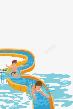 卡通夏日游泳海报滑梯小孩素材