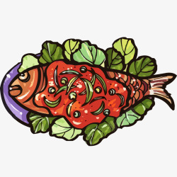 手绘美味的红烧鱼食物矢量图素材