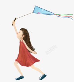 卡通手绘奔跑放风筝的女孩素材