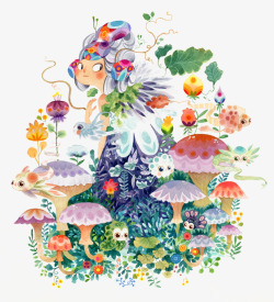 彩绘女孩蘑菇花卉图案素材