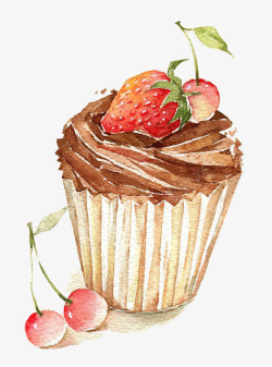 红色水彩绘心形水彩绘红色草莓蛋糕高清图片