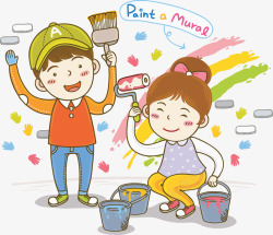 卡通手绘男孩女孩画画油漆素材