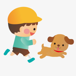 卡通小男孩和宠物狗玩耍素材