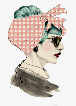 彩绘戴眼镜扎头巾的女人素材