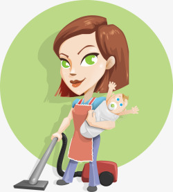 卡通手绘家庭主妇吸尘器抱婴儿素材