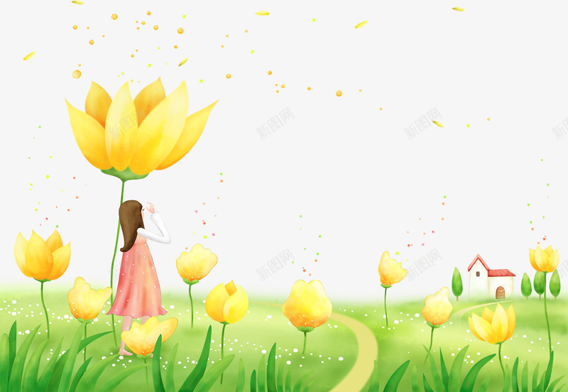 黄色花朵和小女孩png免抠素材_88icon https://88icon.com 卡通女孩 卡通风景 小女孩 彩绘风景 黄色花朵