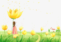 黄色花朵和小女孩素材