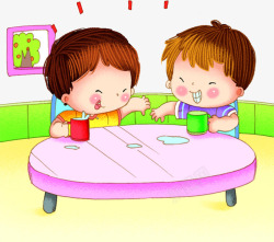 卡通手绘两个小孩喝水玩素材
