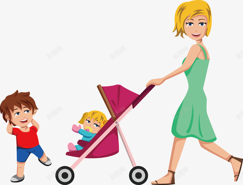 散步的妈妈和孩子png免抠素材_88icon https://88icon.com 卡通人物 妈妈宝贝 婴儿 宝贝 推车