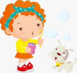 卡通吹泡泡可爱人物插图跟小狗吹泡泡玩小孩高清图片