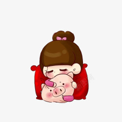 红色靠枕抱着猪抱枕蜷缩睡觉的女孩高清图片