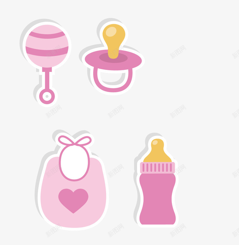 粉色婴儿用品矢量图ai免抠素材_88icon https://88icon.com 口水带 奶嘴 奶瓶 婴儿用品 粉色 背景装饰 矢量图