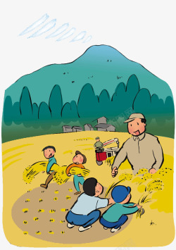 小孩收卡通插图收割麦子高清图片