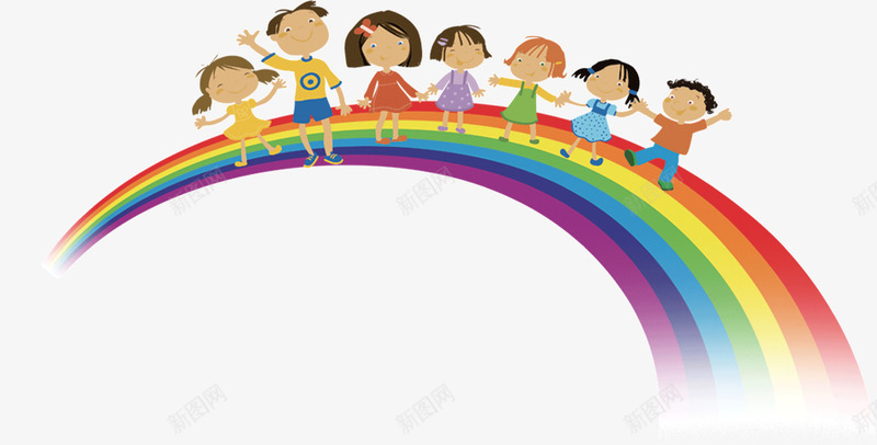 彩虹上的小孩png免抠素材_88icon https://88icon.com 卡通小孩 小孩 彩虹上的女孩 手拉手小孩