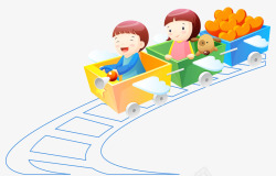 坐在火车轮里的小孩们卡通手绘彩色小孩们坐火车轮高清图片