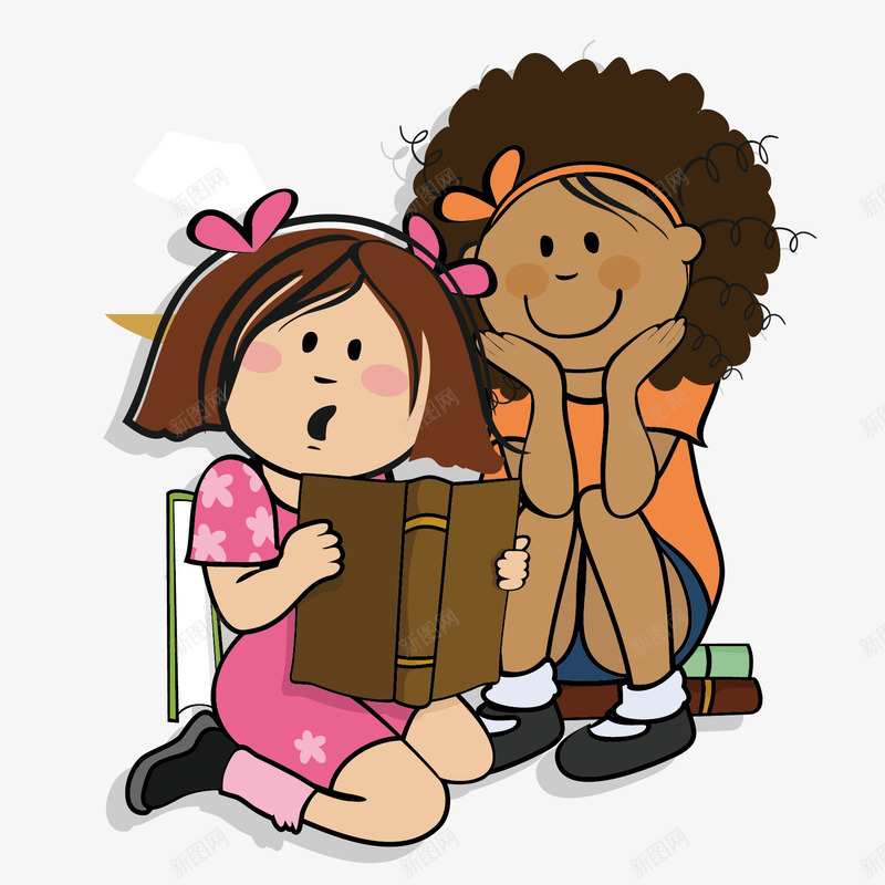 两个小女孩矢量图ai免抠素材_88icon https://88icon.com 图书馆 学校 小女孩 看书 矢量图 黑人小孩