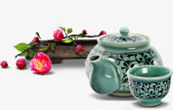 摄影绿色复古花纹茶杯红色花朵素材
