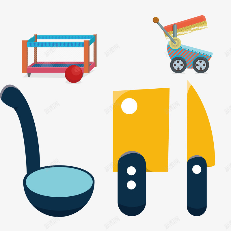 婴儿车和厨房用具png免抠素材_88icon https://88icon.com 勺子 卡通 厨房 厨房用具 婴儿车 床