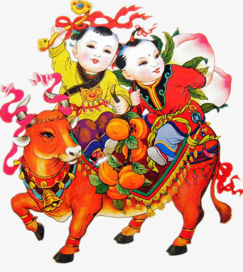 两小孩骑牛png免抠素材_88icon https://88icon.com png 中国风 寿 年画 素材 蟠桃