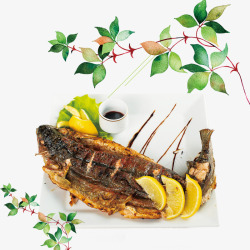 精品菜肴卡通植物特色烤鱼平面装饰高清图片