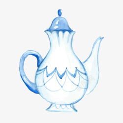 水彩绘蓝色茶壶素材