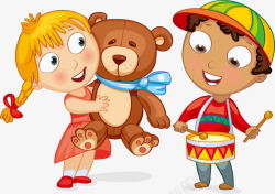 卡通小孩抱熊游戏敲鼓矢量图素材