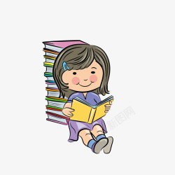 卡通躺靠着书堆边看书的小女孩素素材