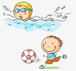 手绘游泳踢足球的小孩素材