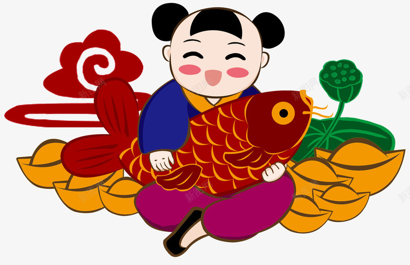 卡通装饰年画娃娃png免抠素材_88icon https://88icon.com 卡通手绘 年年有余 插画 新年 装饰图案 过年