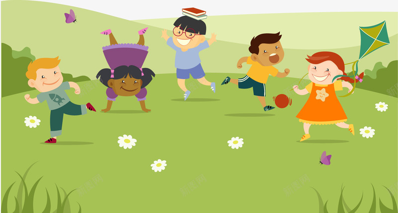卡通小孩草地节日矢量图ai免抠素材_88icon https://88icon.com 儿童节 卡通人物 小孩 彩色 扁平 草地 矢量图