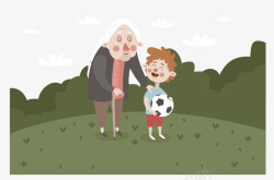 草地的老奶奶和踢球的男孩子素材