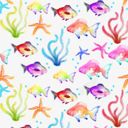 水彩绘水草海星和鱼素材