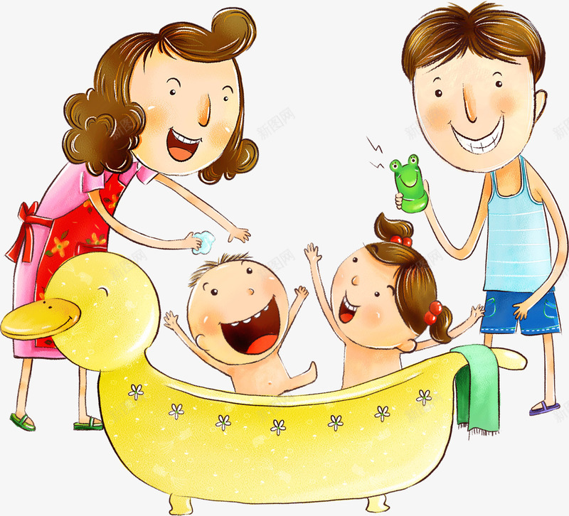 开心的一家人png免抠素材_88icon https://88icon.com 一家四口 卡通 可爱 小孩 洗澡