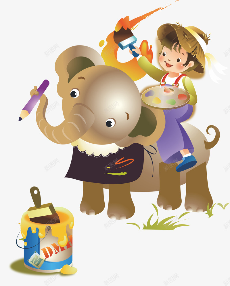 坐在大象上画画的小孩png免抠素材_88icon https://88icon.com 动物 小画家 涂鸦 画画 画画的人 颜料