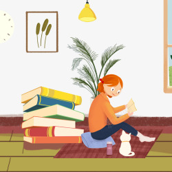 手绘吊灯卡通手绘坐在地毯上看书的女高清图片