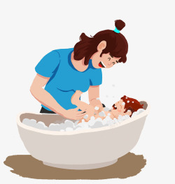 给孩子手绘可爱人物插图妈妈给孩子洗澡高清图片