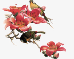 小鸟红色花朵花枝彩绘植物素材