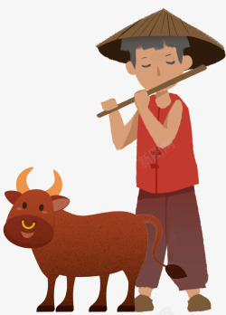 卡通手绘放牛的孩子插画素材
