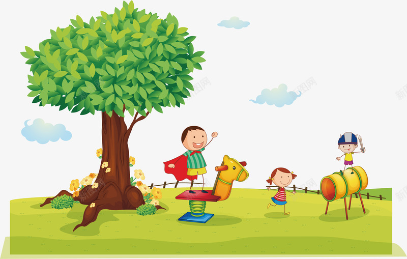 一棵大树下的游乐园png免抠素材_88icon https://88icon.com 一棵大树 木马 玩耍的孩子 矢量素材 青草地