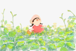 夏日草丛手绘夏日清新插画小女孩与草丛高清图片