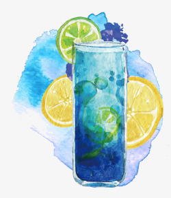 水彩饮料柠檬片蓝色晕染背景素材