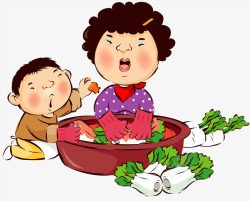 卡通手绘洗菜的母亲插画素材