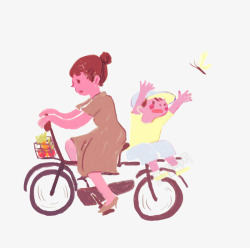 带着孩子去旅行手绘人物插图可爱插画母亲节骑自高清图片