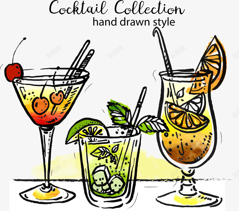 手绘鸡尾酒矢量图ai免抠素材_88icon https://88icon.com 卡通 手绘 柠檬饮料 饮料 鸡尾酒 矢量图